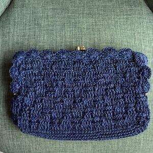 Vintage Crochet blue kiss lock gold hardware Handcrafted Navy Blue Clutch purse